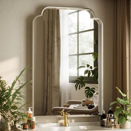 GLSLAND 30"x48" Petal Arch Bathroom Mirror – Modern Metal Frame Vanity Mirror with Scalloped Edge for Over Sink, Bedroom, Living Room, Entryway, Non-Rusting Decorative Wall Mirror, Silver