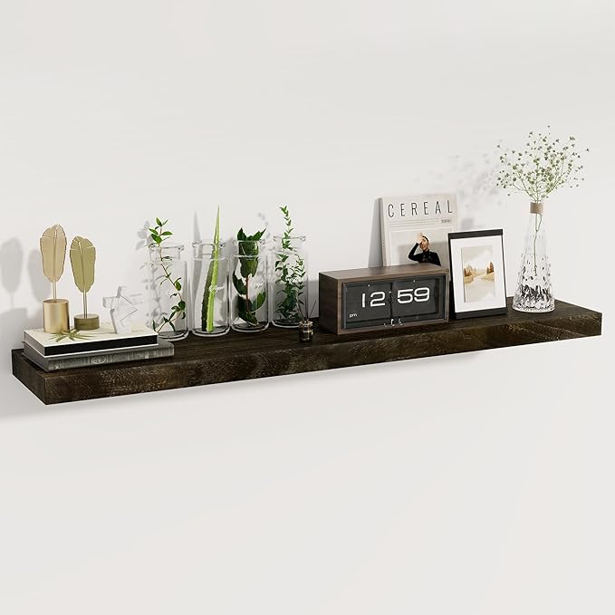 fuqing Floating Shelves for Wall - 48 Inch Dark Wood Shelves Set of 1-48 Inch Wide x 9.3 Inch Deep x 1.6 Inch Thick Wooden Wall Shelves for Room Decor & Storage