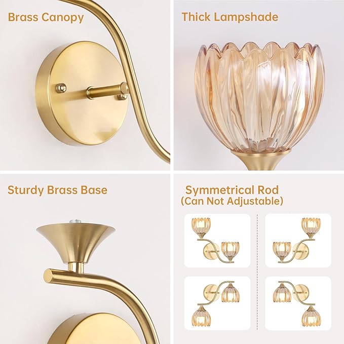 Battery Operated Wall Sconce, 2-Lights Vinatge Brass Wall Lighting with Amber Tluip Shade Rechargeable Bulb with Remote for Living Room, Bedroom，Symmetrical 2 Pack