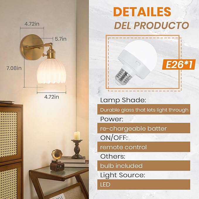 Battery Operated Wall Sconce, Vintage Wall Sconce with Milky White Tulip Glass Lampshade Rechargeable Battery Powered Wall Light with Remote Control for Bedroom,Living Room, Hallway, Aisle