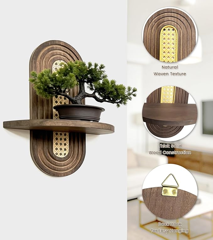 Wooden Arched Floating Shelf, Natural Wood Shelves, Boho Rattan Wall-Mounted Shelf for Bedroom, Living Room, Bathroom, Nursery and Home Office, Decorative Book and Plant Display