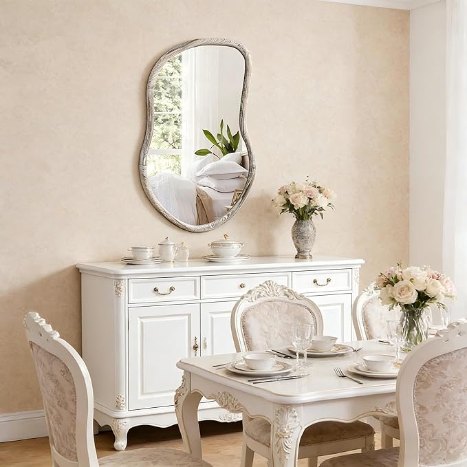 Asymmetrical Mirror Irregular Wall Mirror Farmhouse Wood Asymmetrical Mirrors for Wall Unique Art Mirrors for Bathroom Entryway Bedroom Living Room Rustic White