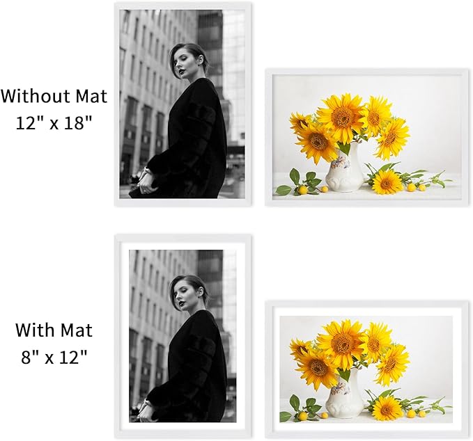 puthiac 12x18 Solid Oak Wood Picture Frame, Fits 8x12 with Mat or 12x18 Without Mat, Wall Display Only, Vertical or Horizontal, Plexi Front, 3 Pack, White