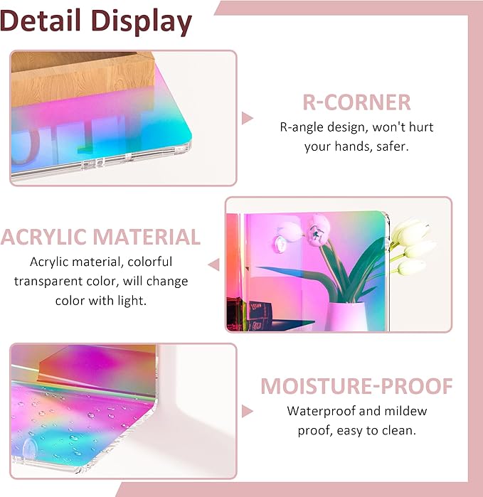 16 Inches Iridescent Acrylic Shelves, Wall Mounted Organizer Shelves for Bedroom, Clear Wall Storage Shelves for Cosmetics, Skincare, Router, Doll, Toiletries, Helmets, 2 Pack