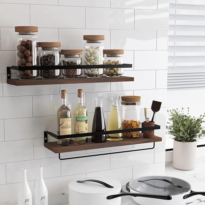 Floating Shelves for Wall, Bathroom Shelves with Towel Bar, Wall Mounted Storage Shelves for Kitchen, Bathroom, Set of 2 Brown