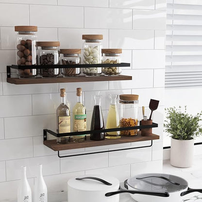 Floating Shelves for Wall, Bathroom Shelves with Towel Bar, Wall Mounted Storage Shelves for Kitchen, Bathroom, Set of 2 Brown
