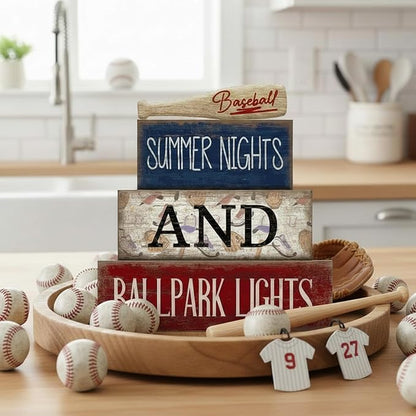 4 Pcs Baseball Decorations Stacked Wooden Blocks Signs with Bat Topper, Summer Nights Ballpark Lights Decor - Baseball Table Decor Ideal Gift for Fans Boys Room Party Coffee Shelf