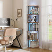 Industrial Corner Shelf with LED Lights & Mirror-Effect Panels, 6-Tier Modern Corner Bookshelf with Remote Control Color-Changing Lights, Space-Saving Display Unit for Bedroom & Living Room
