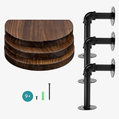 Navaris Industrial Pipe Shelf Set - 3 Small Rounded Wood Shelves with Shelf Brackets - 7.9" x 5.9" Wall-Mounted Wooden Shelving - Size S, Dark Brown