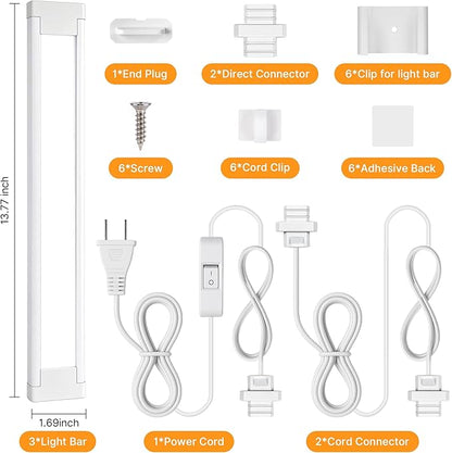 3 Pack Plug in Under Cabinet Lighting for Kitchen, 6500k Bright Under Counter Lights for Shelf/Workbench/Bookshelf/Over Sink, 14inch Linkable 110V LED Light Bar