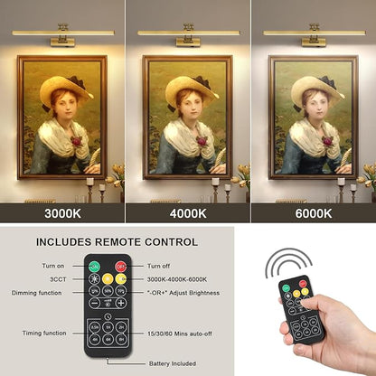 5W LED Wireless Picture Lights with Remote and Timer 23.6'' Inch Rechargeable Brass Gallery Lighting Battery Operated Art Lights Over Frame Portrait