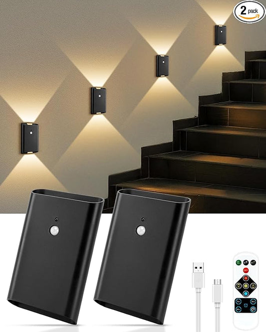 Rechargeable Motion Sensor Wall Sconce Set of 2 – 5000mAh Wireless Battery Operated Wall Light Indoor, 3 Colors Up/Down Lighting Magnetic Night Light with Remote Control for Bedroom, Hallway (Black)