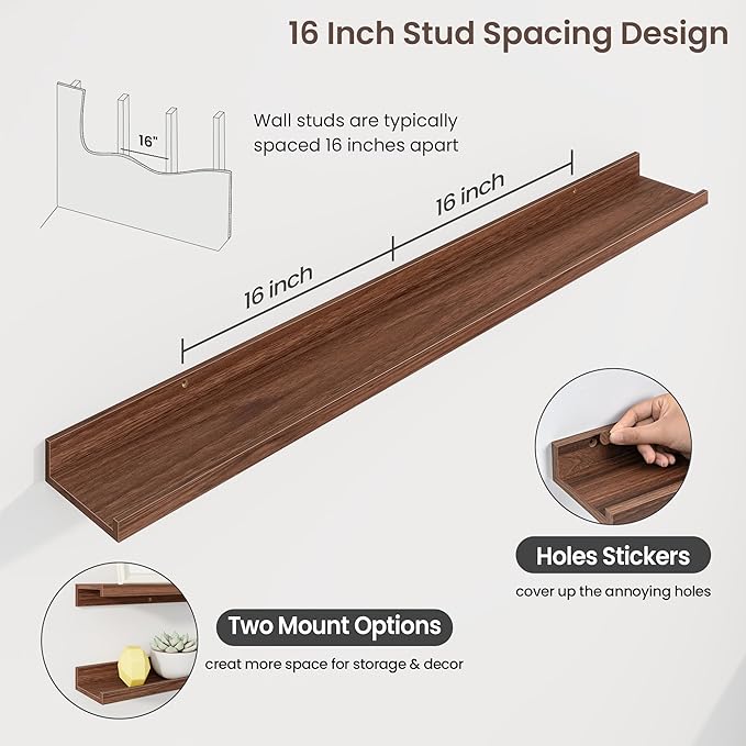 Axeman 48 Inch Floating Shelves | Walnut Picture Ledge Shelf Set of 3 | Rustic Wood Wall Shelves with Lip | 48" Walnut Picture Shelf for Wall with Ledge | Photo Shelves