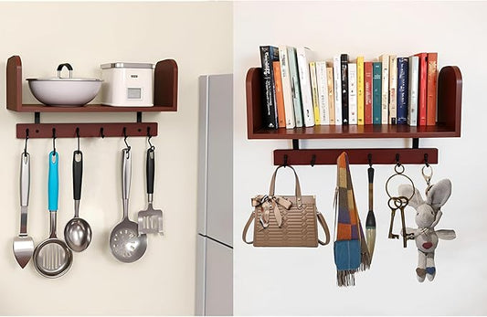 Selling at a Loss Promotion,Wooden Shelf with Hooks - Multipurpose Organizer for Kitchen, Books, Kitchen Shelf - Wall Mounted Natural Wood Storage Rack for Home，Floating Book Shelves
