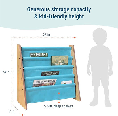 Wildkin Wooden Sling Bookshelf for Kids – Premium Canvas Design with 4 Fabric Shelves, Organizer for Home or Classroom - Natural w/Aqua