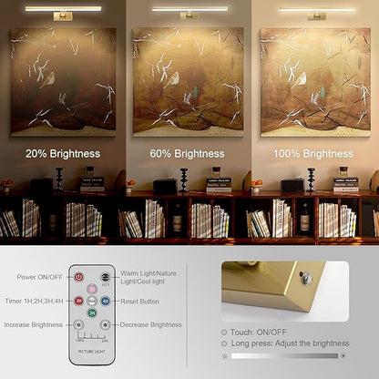 Picture Light, 16 inches Art Light, Picture Light Battery Operated,3CCT Picture Lights for Wall,Battery Operated Wall Lights,Gallery Light for Wall,Photo,Library (Gold-Painted)