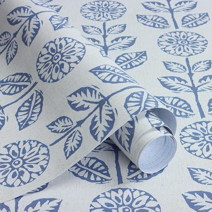 Wudnaye Blue Floral Peel and Stick Wallpaper Blue and White Contact Paper 17.7in×393.6in Vintage Floral Self Adhesive Wallpaper Navy Removable Tulip Wall Paper Waterproof for Bathroom Farmhouse Decor