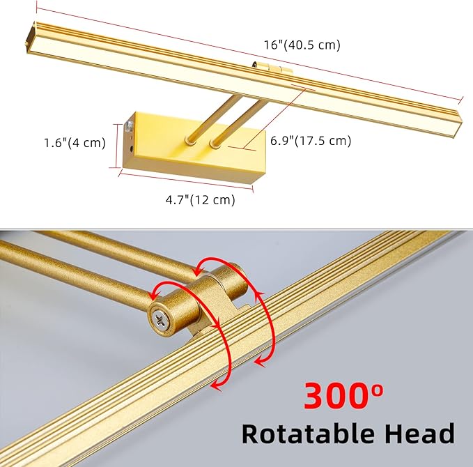 Picture Light,5000mAh Rechargeabl Art Lights for Paintings,Remote 16" Display Accent Lighting with Timer and Dimmable for Wall,Frame,Portrait-Gold