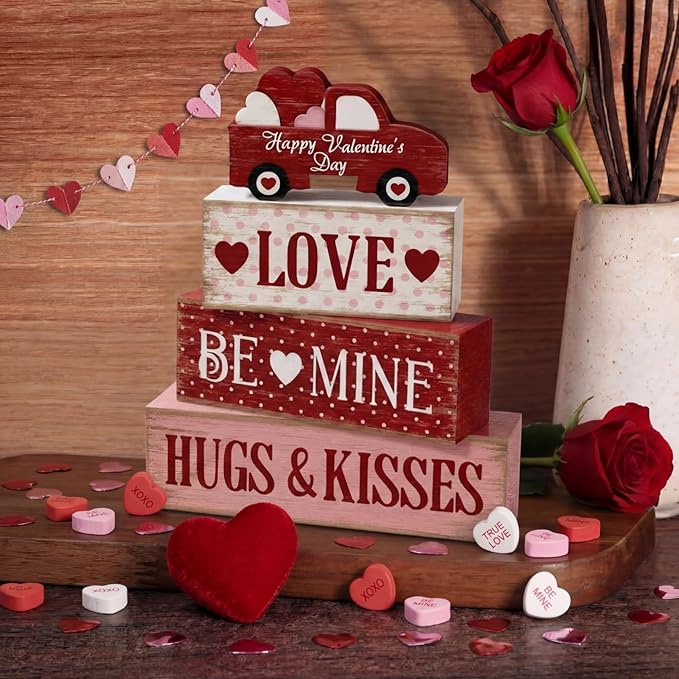 Marsui 4 Pcs Valentine's Day Decorations Truck Wooden Signs Rustic Distressed Table Decor Valentines Centerpieces Blocks Farmhouse Tiered Tray Decor Happy Valentine Day Decorations for Home Desk Shelf
