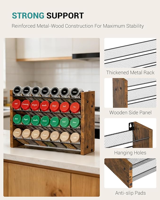 NESAPTO Spice Rack Organizer for Cabinet, Wooden 4 Tier Vertical Seasoning Organizers for Kitchen Pantry, Countertop/Wall Mount, Holds 28 Spice Jars (No Jars Included), 14
