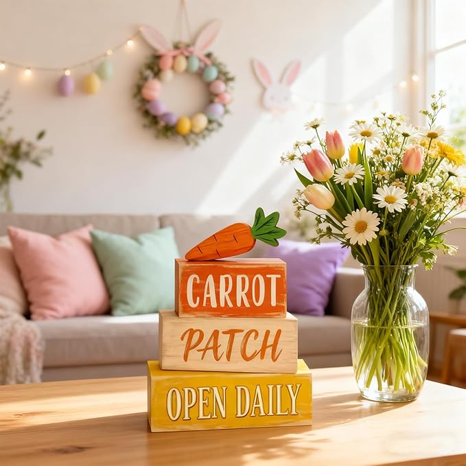 Easter Decorations - Easter Carrot Patch Tiered Tray Decor - Wooden Farm Stand Tabletop Decoration - Rustic Farmhouse Spring Home Decor Indoor for Tiered Tray Shelf Mantel Coffee Table Kitchen Counter