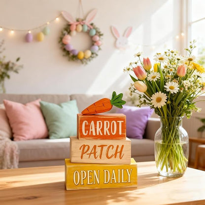 Easter Decorations - Easter Carrot Patch Tiered Tray Decor - Wooden Farm Stand Tabletop Decoration - Rustic Farmhouse Spring Home Decor Indoor for Tiered Tray Shelf Mantel Coffee Table Kitchen Counter