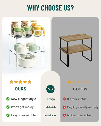 Acrylic Cabinet Organizer, Set of 2 Shelf Organizer, Spice Rack Organizer for Cabinet, Desk Countertop Organizer, Stackable Shelves for Pantry Kitchen Storage and Organization