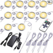 Round LED Puck Lights, Liquor Under Cabinet Accent Light Kit, 110 Volt Hard Wire & Plug in, Daisy Chain Linkable, Wireless RF Remote Control Dimmable, White Cords, Warm White, 10 Lights