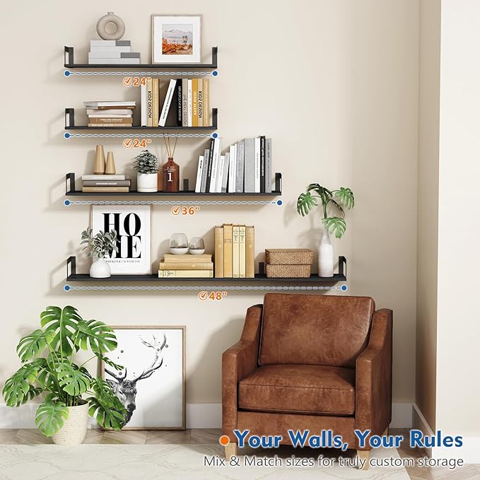 24 Inch Floating Shelves for Wall Set of 3, Wall Mounted Bookshelf, 8 Inches Deep Hanging Book Shelves for Living Room Bedroom Office Decor Closet Storage (Black)