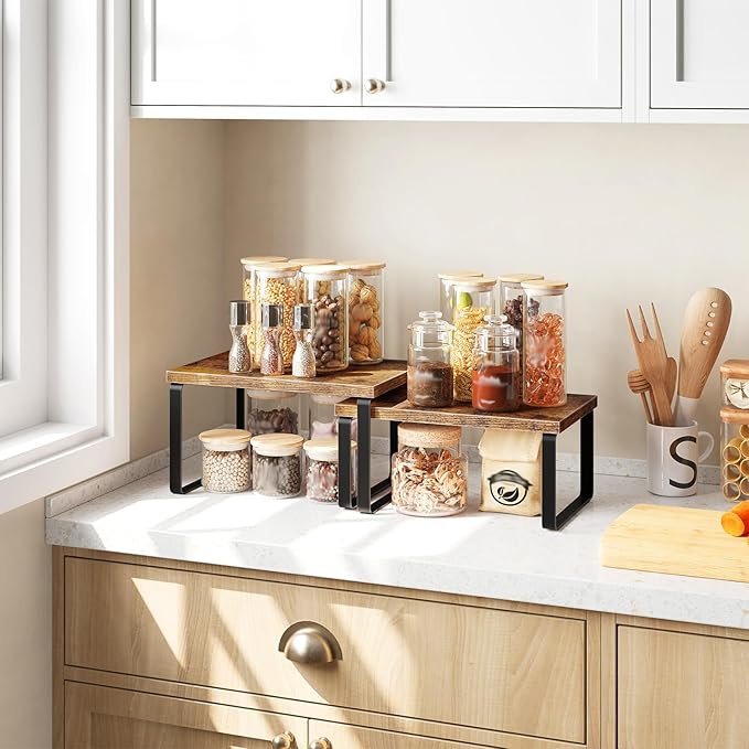 HOOBRO Spice Rack Set of 2, Kitchen Counter Organizer, Kitchen Storage, Cabinet Organizer Shelf, Nest, Stackable, Side-by-Side & L-Shape for Cabinet, Kitchen, Rustic Brown and Black BF33TL01