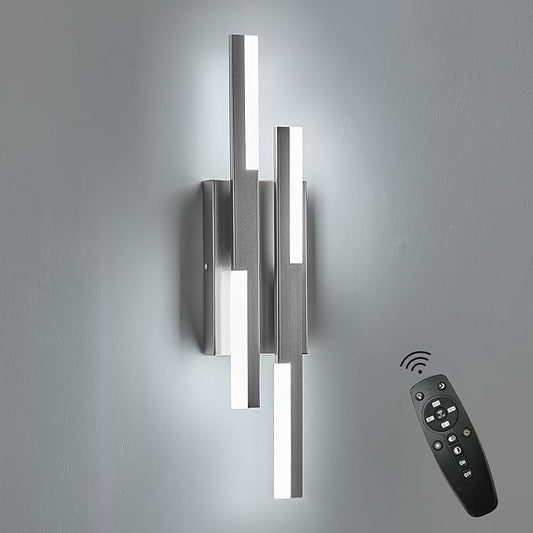Modern LED Wall Sconce Silver Remote Wall Light Fixtures for Bathroom, Dimmable Vanity Light Indoor LED Remote Wall Sconce for Bedside Bedroom Living Dining Room (1 Pack 3000-6500K 19.7inch)