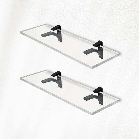Clear Acrylic Shelves 6" W x 16.5 L, 3/4" Thick Wall Mounted Transparent Acrylic Shelves for Bedroom, Living Room, Bathroom, Kitchen -‎ Black Brackets, Pack of 2