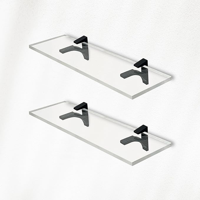 Clear Acrylic Shelves 14.5 inches, 3/4" Thick Transparent Wall Mounted Floating Shelves for Bedroom, Living Room, Bathroom, Kitchen -‎ with Screws and Black Finish Brackets, Pack of 2