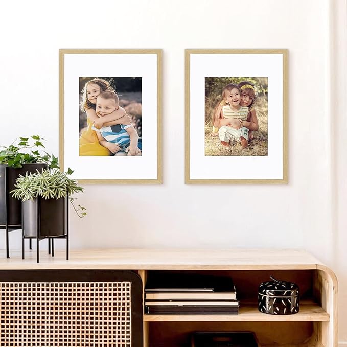 ATOBART 12x16 Picture Frame Set of 4, Displays 8x10 with Mat or 12x16 Without Mat, Photo Frames for Wall Hanging or Tabletop, Includes HD Plexiglass, Natural Wood Grain