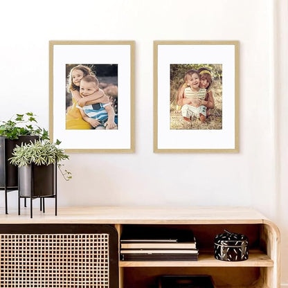 ATOBART 12x16 Picture Frame Set of 4, Displays 8x10 with Mat or 12x16 Without Mat, Photo Frames for Wall Hanging or Tabletop, Includes HD Plexiglass, Natural Wood Grain