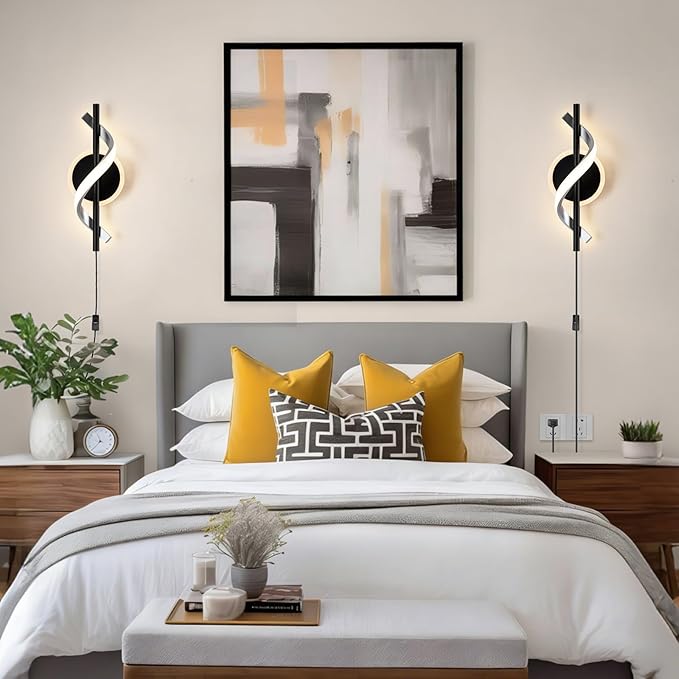Black Plug in Wall Sconces Sets of 2, 12W Modern Spiral LED Wall Lamp, 3000K Warm White Wall Light Fixture for Stairs Living Room Bedroom Aisle Hallway