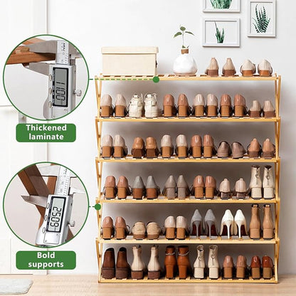 6-Tier Bamboo Shoe Rack Organizer - Freestanding for Entryway, Hallway, Wardrobe - Holds 24 Pairs of Shoes