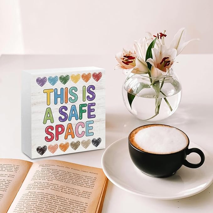 Therapy Office Decor Wood Box Sign,This Is a Safe Space Print Offices Wooden Box Office Desk Decorative Signs for Classroom Therapy Office, Boho Educational Gifts for School Counselor Psychologist