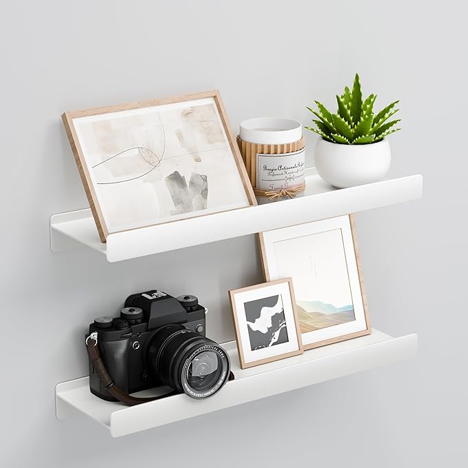 Floating Shelves for Wall, Wall Mounted Shelves with Lip for Storage, Metal Display Shelves for Home Decor, Kitchen/Living Room/Bedroom/Bathroom Shelf, White 16 inch 2 Pack