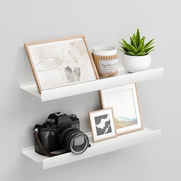 Floating Shelves for Wall, Wall Mounted Shelves with Lip for Storage, Metal Display Shelves for Home Decor, Kitchen/Living Room/Bedroom/Bathroom Shelf, White 16 inch 2 Pack