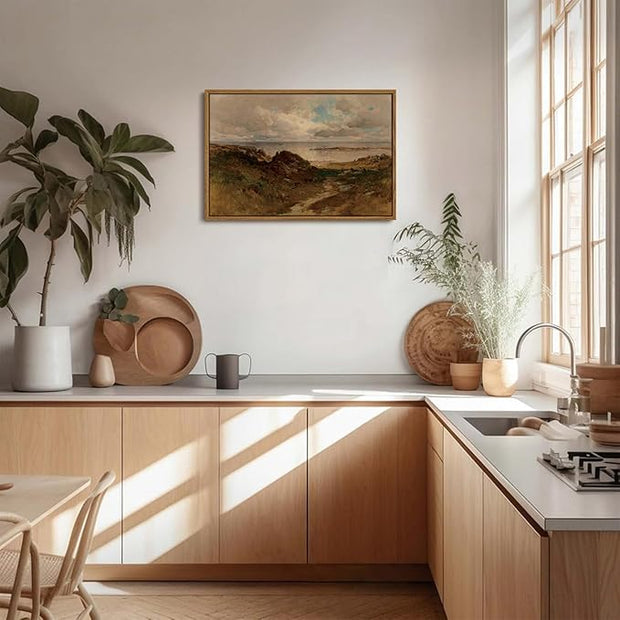 OIQArtOIQ Framed Vintage Landscape Wall Art Coast Natural Scenery Oil Painting Canvas Prints Country Farmhouse Aesthetic Decor Pictures for Kitchen Bedroom Living Room Bathroom