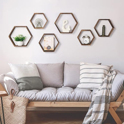 Hexagon Floating Shelves Set of 6 Farmhouse Honeycomb Wall Storage Shelf Wood Display Hexagonal Shelves Wall Mounted Hanging Rustic Shelf Racks for Bedroom Living Room Hallway Office Decor, Brown