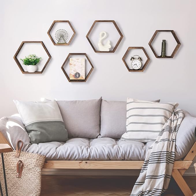 Hexagon Floating Shelves Set of 6 Farmhouse Honeycomb Wall Storage Shelf Wood Display Hexagonal Shelves Wall Mounted Hanging Rustic Shelf Racks for Bedroom Living Room Hallway Office Decor, Brown