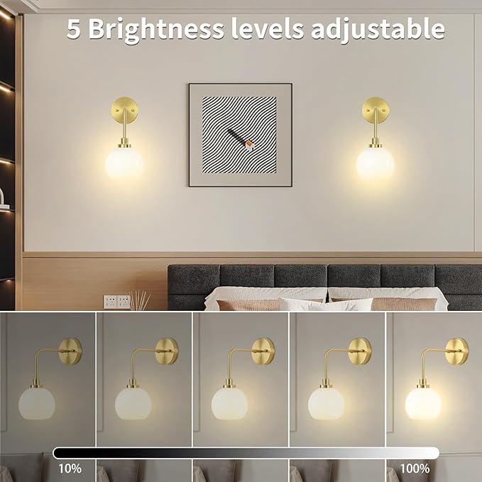 Battery Operated Wall Sconces Set of 2, Gold Rechargeable Wireless Wall Lights with Milky White Shade, 12 RGB and 3CCT Dimmable Wall Lamps with Remote for Bedroom Living Room Hallway