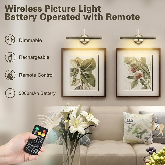 JOOSENLUX Modern Wall Lights Battery Operated Antique Bronze Wireless Picture Lights for Wall 16.5" Inch Dimmable Under Counter Lights for Kitchen with Swing Arm as Canvas Wall Sconce Light CRI95+