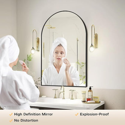 Arch Mirror Wall Mounted - 20x30 Inch Wide Arched Mirrors for Bathroom Over Sink, Black Metal Framed Mantel Vanity Mirror for Dresser, Firplace, Entryway, Hallway, Restroom, Bedroom Decor