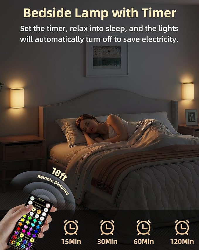 EZVALO Battery Operated Wall Sconce, Wireless Wall Sconces Set of Two with Remote, 3 Color & 80 RGB Rechargeable Wall Lights, Dimmable, Timer, White Linen Shade Wall Decor for Bedroom, Living Room