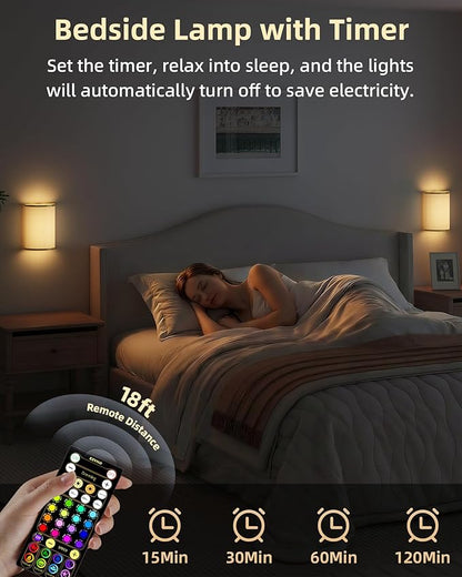 EZVALO Battery Operated Wall Sconce, Wireless Wall Sconces Set of Two with Remote, 3 Color & 80 RGB Rechargeable Wall Lights, Dimmable, Timer, White Linen Shade Wall Decor for Bedroom, Living Room