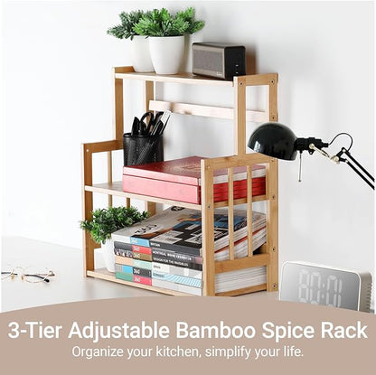 HYNAWIN Bamboo Spice Rack 3-Tier Kitchen Countertop Organizer, Adjustable Shelf Pantry Storage Stand for Herbs, Jars, and Bottles
