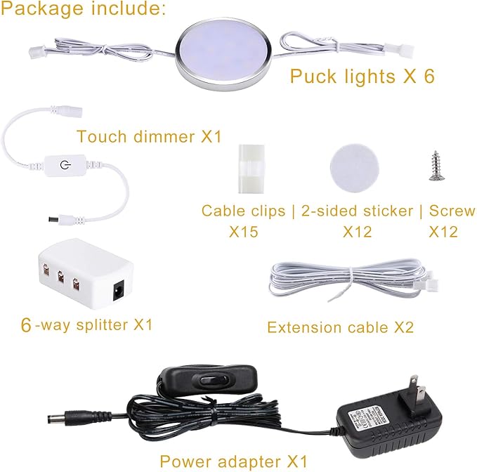 LED Under Cabinet Lighting Kit,6 Pack Linkable Puck Lights with Touch Dimmer,Wired Plug in Under Counter Lighting for Curio Bar, Kitchen, Cupboard,Bookcase,Closet Furniture (6000K Daywhite)